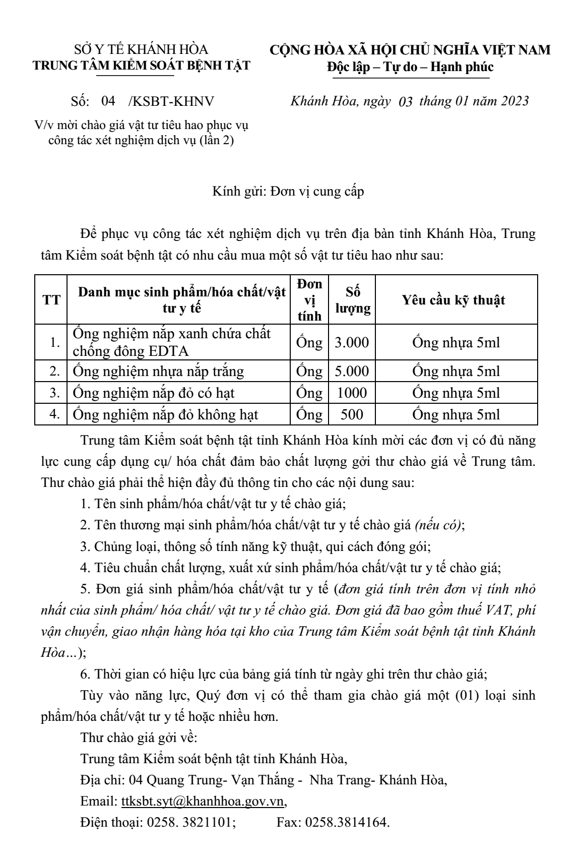 Mời chào giá vật tư tiêu hao phục vụ công tác xét nghiệm dịch vụ (lần 2)